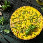 Сlassic quiche Lorraine pie with tuna, green beans and soft cheese.